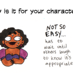 question: how easy is it for your character to laugh? answer: Not so easy... has to wait intil others laugh to know it's appropriate. Chaar looks to the side with big eyes, sweating.