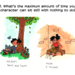 question: what's the maximum amount of time your character can sit still with nothing to do. left: Kiigari outdoors, calmly watching a butterfly. answer: outdoors: hours and hours. right: Kiigari indoors, impatiently tapping her foot. answer: inside: 2 seconds.